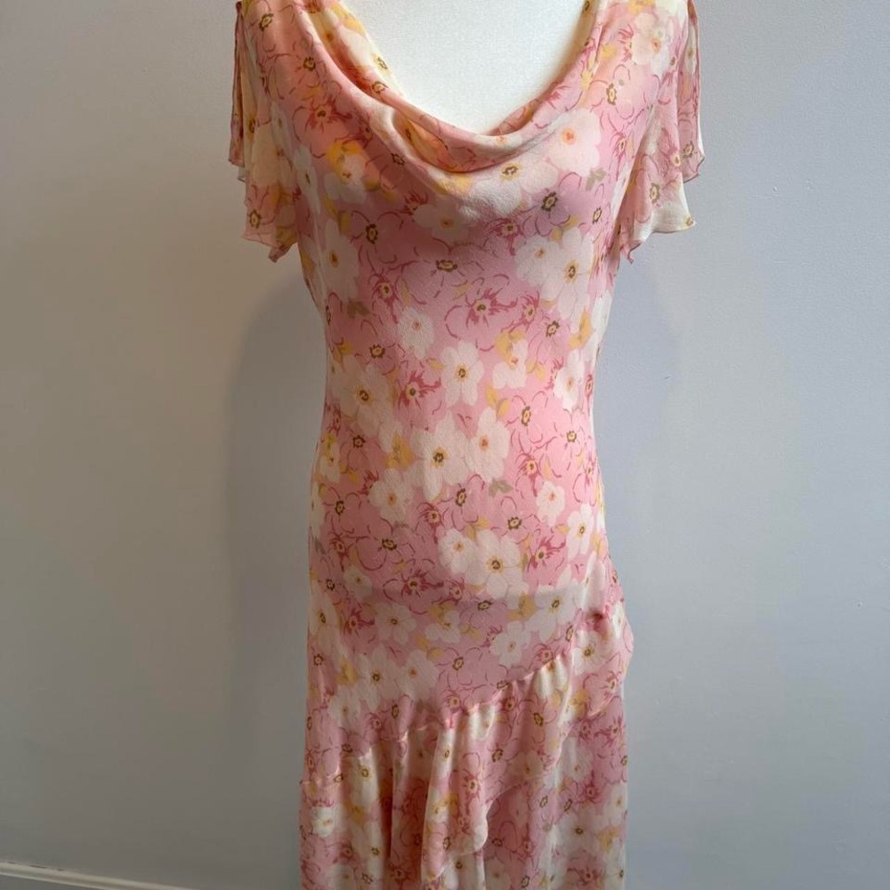 Vintage Jaclyn Smith Pink floral Ruffled Tiered Midi Dress. 100% silk!